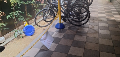 These images of informal bicycle parking in Japan show signs that say “Bicycle parking is forbidden here. In case of violations, we will alert the police.” Beside the sign, bicycles are parked in a tidy and regular fashion, with the chain taken down to allow more bikes to park. There is a formal rule, but a tacit understanding that it will not be respected, and a social rule requesting you to park your bike (illegally) in a tidy and proper manner. Source: Abel Polese. © Abel Polese.